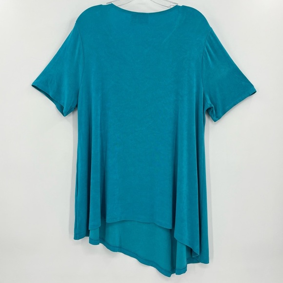 Chico's Travelers Slinky Knit Blue Asymmetrical Hem w/Neck Chain Blouse Top XL - Picture 2 of 9